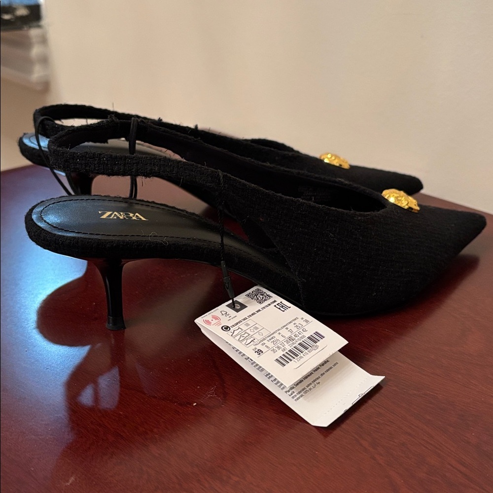Zara tweed textured decorative button pointed toe black sling back heels sz.8 - Picture 8 of 13